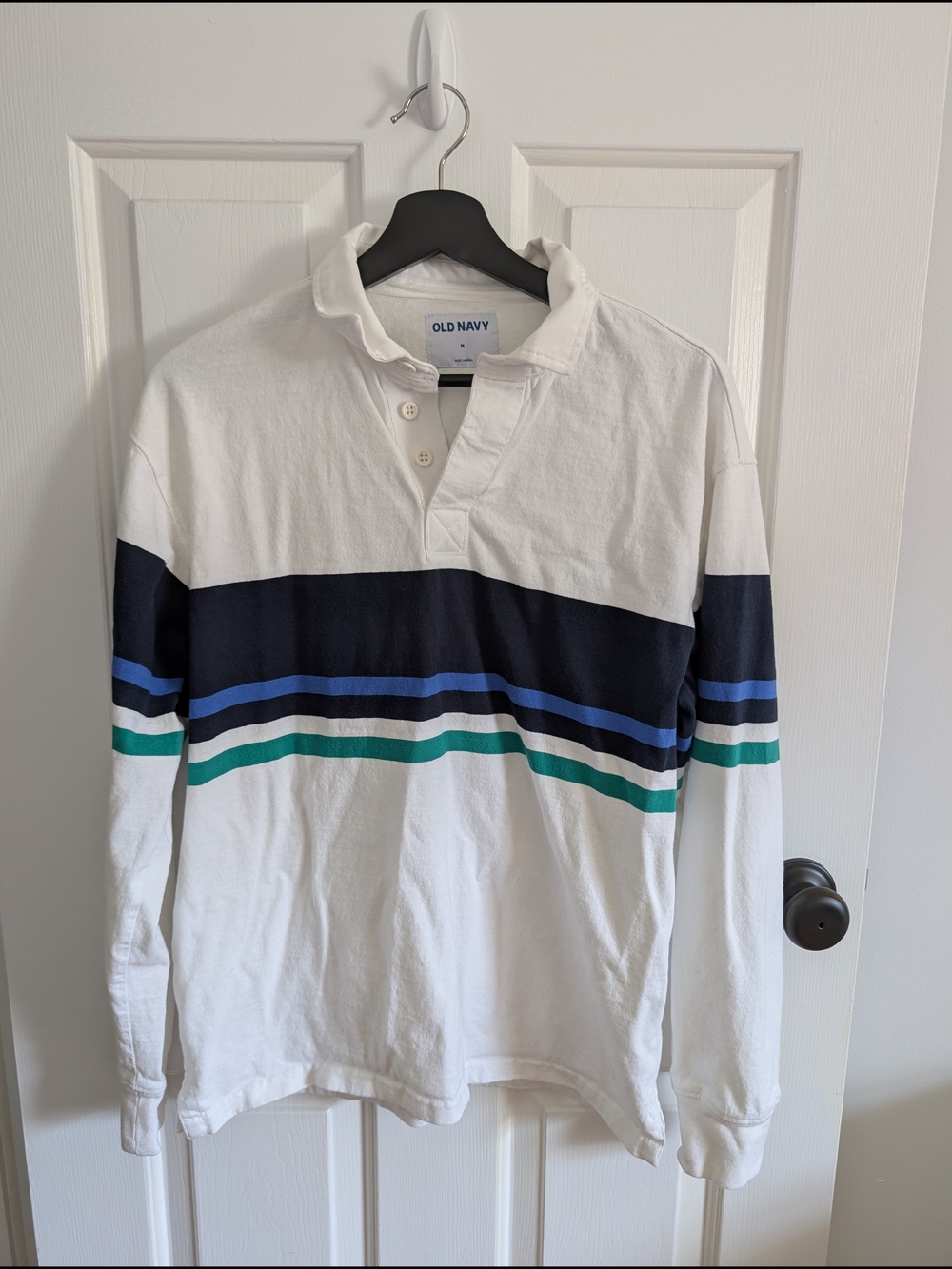 Old Navy Off White Long-Sleeve Rugby Polo with Navy & Green Stripes Medium